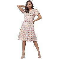 Janasya Women’s Off White Cotton Western Dress