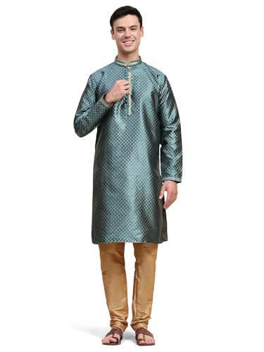 SKAVIJ Men's Embroidered Kurta Pajama Set Jacquard Silk Ethnic Motifs 2-Piece Set