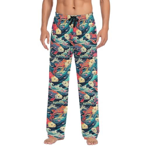Men's Colorful Fish Waves Pajama Pants with Elastic Waistband | Soft Lounge Sleepwear | Breathable Sleep Pants for Home（937）