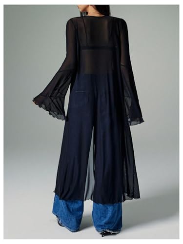Verdusa Women's Goth Tops Y2K Mesh Tie Front Tops Bell Sleeve Tops Long Shirt 2000s Clothing2
