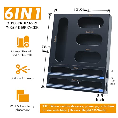 Bamboo Ziplock Bag Organizer,6 In 1 Plastic Wrap Dispenser With Cutter, Aluminum Foil Dispenser For Kitchen Drawer,Ziplock Bag Storage Organizer Suitable For Gallon,Quart,Sandwich,Snack（Black） #TOP5