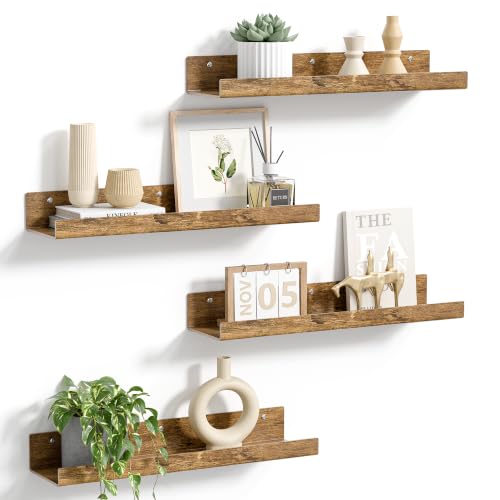 Image of upsimples 4 Pcs 15 inch Acrylic Shelves for Wall Decor and Display, Rustic Wood | Cute Floating Shelf for Perfume, Skincare, Nail Polish, Wall Organizer for Bedroom, Living Room, Playroom, Room Decor