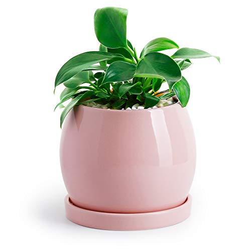 POTEY Ceramic Planter Flower Plant Pot - 5.1” with Drain Hole Saucer-Enough Space - Modern Decorative for Indoor Planters-Light Pink