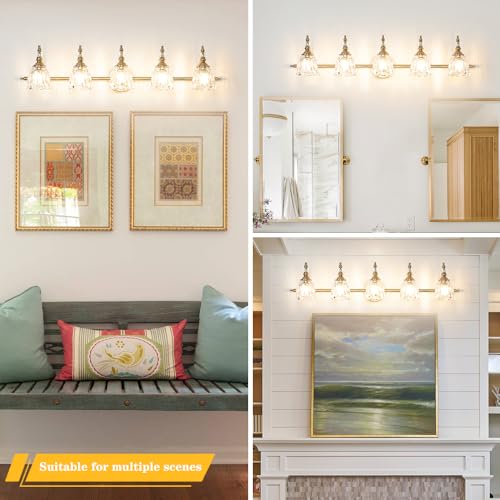 Image of Brushed Antigue Brass Bathroom Light Fixtures, 5 Lights Vanity Light with Flower Glass Shade, Bathroom Vanity Light Over Mirror, Vintage Sconces Wall Lighting for Hallway Livingroom Bedroom