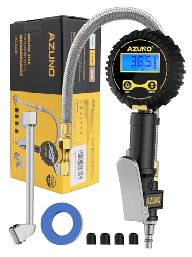 AZUNO Digital Tire Inflator with Pressure Gauge, 200 PSI (0.1 Res) w/LED Flashlight, Heavy Duty Air Compressor Accessories 7pcs Set, w/Lock on Air Dual Head Chuck and 90° Tire Valve