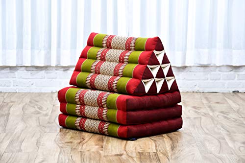 Image of Leewadee - Comfortable Japanese Floor Mattress Used As Thai Floor Bed with Triangle Cushion, Futon Mattress Or Thai Massage Mat, 67 x 21 inches, Green Red