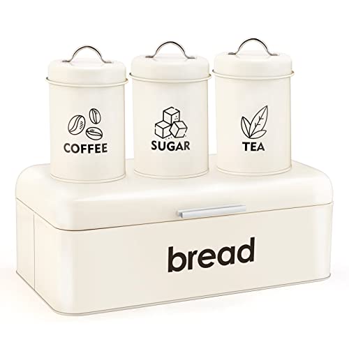 TeamFar Bread Box for Kitchen Countertop, Large Metal Bread Box with 3 Matching Sugar Tea Coffee Canister Set, Farmhouse Bread Tin for Loaves Pastries, Lifted Cover & Large Capacity- Cream White