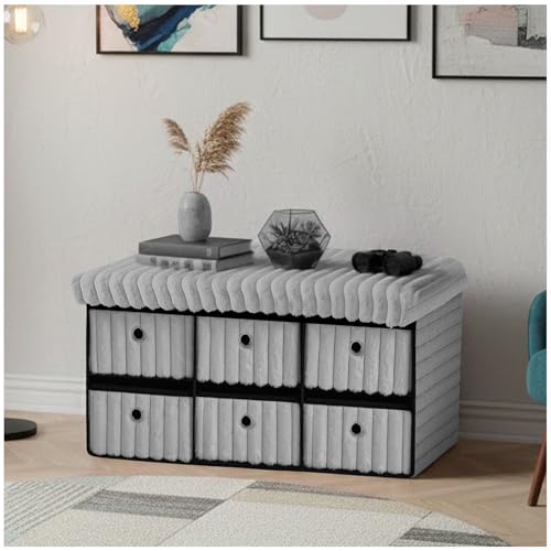 Gc Gaveno Cavailia Large Storage Boxes With Lid | 6-Drawer Ottoman Storage Bench Footstool | Rectangular Ribbed Storage Box For Bedroom & Hallway | Toy, Clothes & Blanket Organizer (76X35X35Cm), Grey - 3