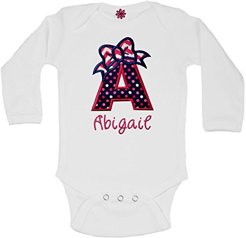Baby Girl Personalized Initial Bodysuit Embroidered With Your Custom Name (3-6 Months - Short Sleeve, Navy & Pink Dot) #TOP9