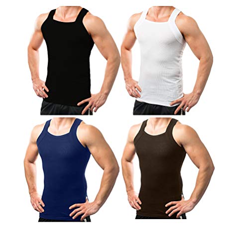 Different Touch Men's G-Unit Style Tank Tops Square Cut Muscle Ribbed Underwear Shirts (S, 4Pk(Black/White/Navy/Brown)) by Different Touch - Used condition - US$22.80