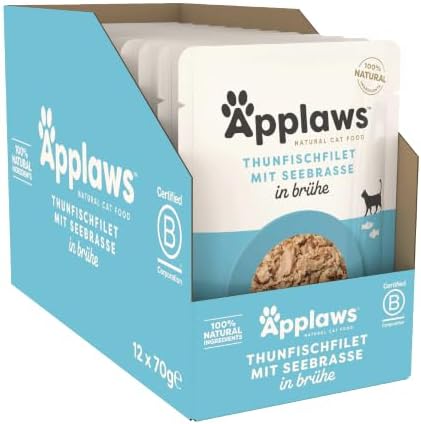 Applaws Natürliches Nassfutter für Katzen im Beutel, Thunfisch mit Dorade in Brühe - 12 x 70g