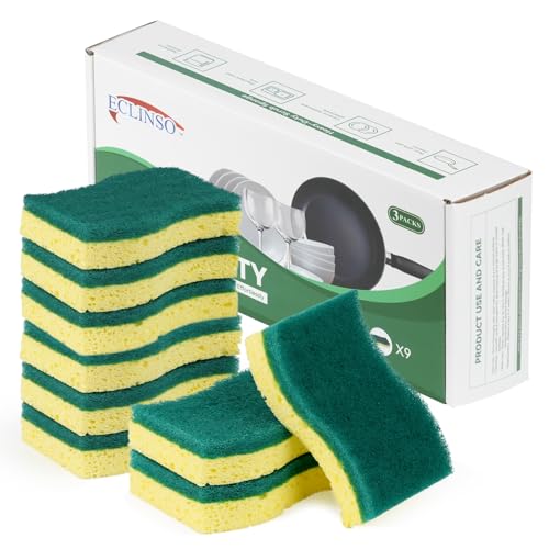 ECLINSO 9 Pack Heavy Duty Dual-Sided Scrub Sponges for Tough Grease