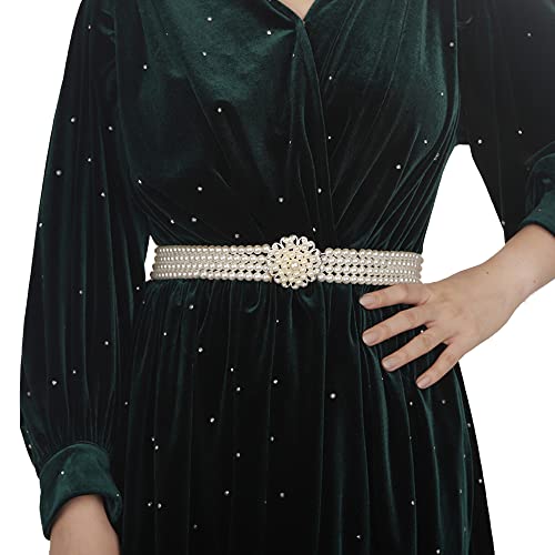 Jumwrit Elastic Pearl Belt for Women Rhinestone Big Pearl Flower Waist Chain Layered Pearl Wedding Dress Belt Sash Off White Round Pearl Bridal Belt（Style 5）