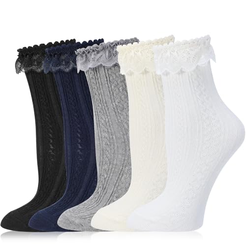 Image of Jspupifip 6 Pairs Lace Ruffle Frilly Crew Socks for Women Girls | Cotton Breathable Cute Princess Ankle Dress Lace Socks Thin Cool Casual Socks