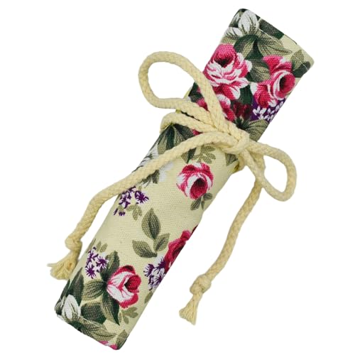 Image of Flowers Pattern Colored Pencil Wrap Canvas Roll Up Holders Peony Coloring Pencil Organizers for Artist Adult Coloring Travel Storage With 24 Slots(Spring)