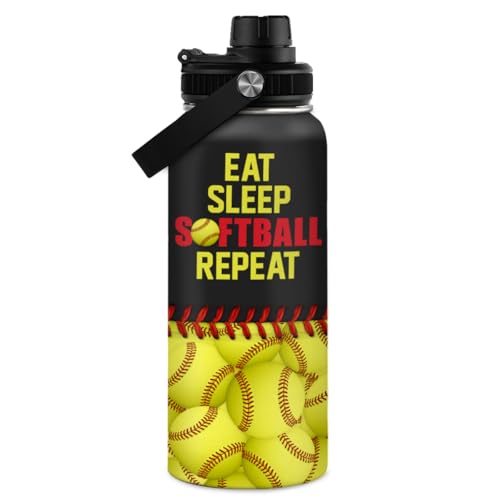 Image of SANDJEST Softball Gift Water Bottle - 32oz Insulated Stainless Steel Sport Bottle