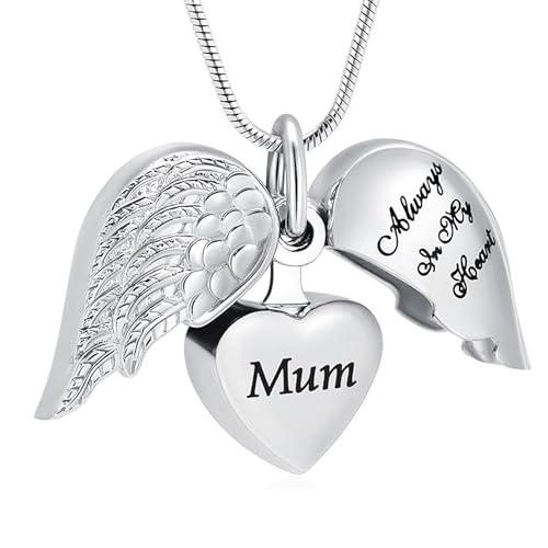 VCCWYQK Angel Wing Heart Urn Necklaces for Ashes for Women Memorial Keepsake Pendant for Women Men Cremation Jewelry (Silver-Mum)