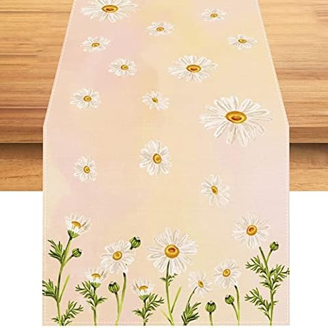 Rvsticty Linen Watercolor Daisy Table Runner Spring Summer Yellow White Floral Table Cloth Green Leaves Decorations and Supplies for Home Kitchen Table-13×72'' Cover