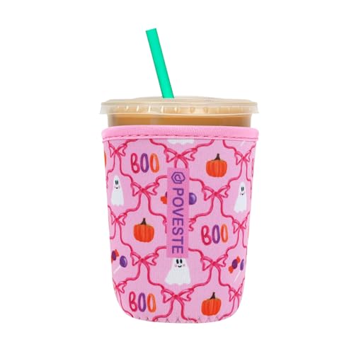 Image of Reusable Neoprene Insulator Sleeve for Iced Coffee & Cold Soda, Coffee Sleeves for Iced & Hot Drinks, Cold Beverage Cooler Compatible with Starbucks, Dunkin (Bow Halloween, Small: 16-18oz)