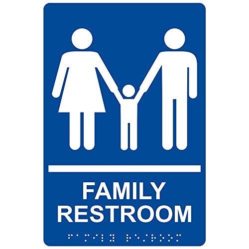 ComplianceSigns.com Family Restroom Sign, ADA-Compliant Braille and Raised Letters, 9x6 in. White on Blue Acrylic with Adhesive Mounting Strips