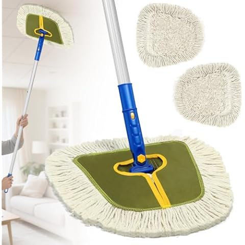 Commercial Dust Mop for Hardwood Floors, Industrial Dry Mops with Replacement Wedge Cotton Mop Pads for Wall Cleaner ,Hardwood, Tile, Laminate, Vinyl,Walls, Home,Warehouse Duster, Green Cover