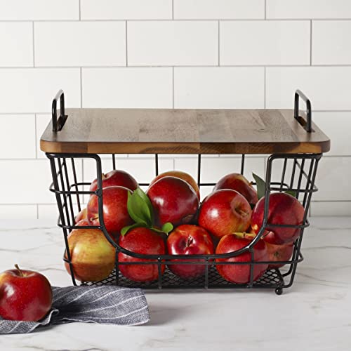 Gourmet Basics by Mikasa Madam Metal Stacking Nesting Rectangular Basket with Acacia Wood Lid, Space Saving Kitchen, Bathroom & Office Organizer, Antique Black by Gourmet Basics by Mikasa - Image 3