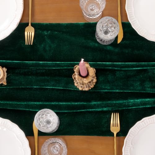 Socomi Green Velvet Valentine\'s Day Table Runner Cloth Decor 20 x 120 Inches 10ft Fabric Emerald Green Luxurious Thanksgiving Wedding Runner for New Year Bridal Shower
