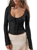 Imily Bela Womens Long Sleeve Scoop Neck Tops Going Out Crop Tops Sexy Slim Fit Blouses Lace Shirts Black