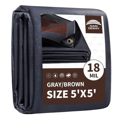 RAINDEWAY 5x5 Feet 18Mil Super Heavy Duty Tarp Waterproof Tarps Gray/Brown