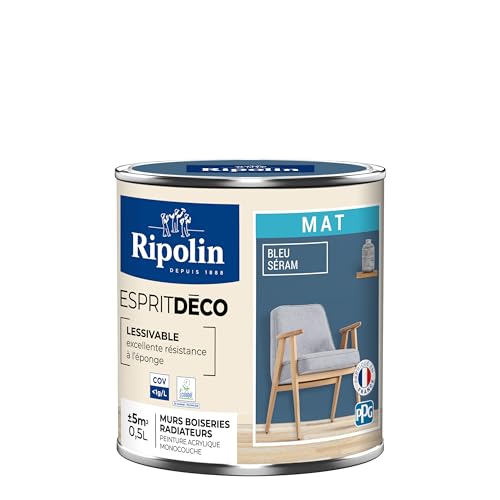 RIPOLIN - Peinture Intérieure Multi-Supports – Murs, Boiseries et Radiateurs – Ultra Couvrante – Lessivable – Application Facile – Ecolabel - Aspect Mat - 0.5L - Bleu Seram