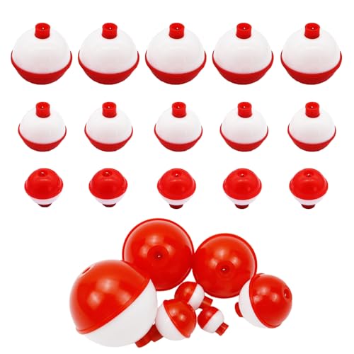 OHLLWERD 15 pcs Fishing Floats, Fishing Folats Bulk Hard ABS Bobbers, Push Button Round Buoy Float, Red and White Bobbers for Tackle Accessories,0.75