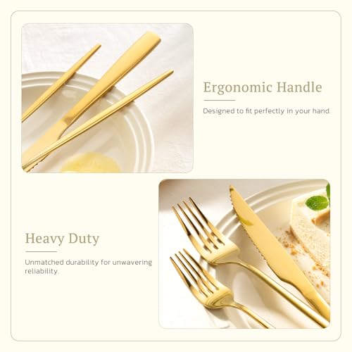 Image of Astercook Silverware Set 48-Piece Gold Flatware Set with Steak Knives Food-Grade Stainless Steel Cutlery Set for 8 Mirror Polished Utensils Set for Home Kitchen Restaurant