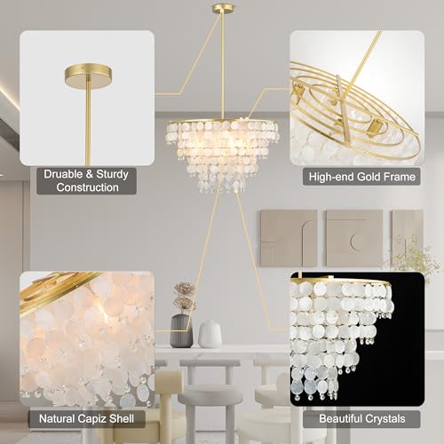 PUUPA Natural Capiz Shell Chandelier, Coastal Modern Chandelier, Hanging Round Layered Pendant Lighting(4 Light, Gold) - Image 4