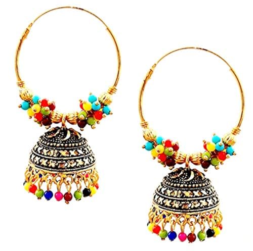 Indian Ethnic Gold Plated Fashion Oxidized Designer Traditional Afghani Wedding Party-wear Bollywood Dangle Hoop Bali Jhumka Earrings