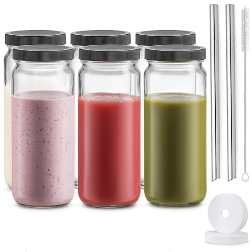 Travel Glass Drinking Bottle Mason Jar 16 Ounce [6-Pack] Plastic Airtight Lids Reusable Glass Water Bottle for Juicing Smoothies Kombucha Tea Milk Bottles Homemade Beverages Bottle