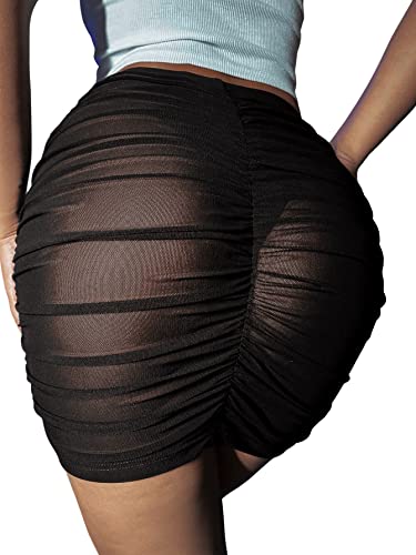 SweatyRocks Women's Sheer Mesh Elastic Waist Ruched Bodycon Mini Skirt Party Skirts2