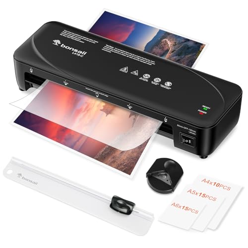 Image of Bonsaii A4 Laminator Machine Set - Includes 1 Trimmer,1 Rounder & 40 Laminating Pouches (10xA4, 15xA5, 15xA6), with Never Jam Technology, Dual Heat, High-Speed Laminating, Max A4 Width, Black, L418-C