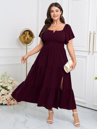 Image of SCOMCHIC Womens Plus Size Maxi Dress Formal Short Sleeve Square Neck Smocked Side Split Flowy A Line Tiered Long Dress