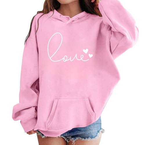 Tröjor flickor huvtröja kärlek tryck långärmad tröja mode sweatshirt casual tröja sport streetwear huvtröja casual toppar pullover tonåring flickor, Rosa-b, 12-13 år