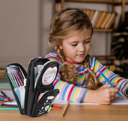Image of Parshya Cute Panda Pencil Pouch for Kids Girls Boys, Large Capacity 3 Compartment Pencil Case, Kawaii Stationery Organizer with Zipper, Pen Holder Slots, School Supplies Storage Bag Return Gifts