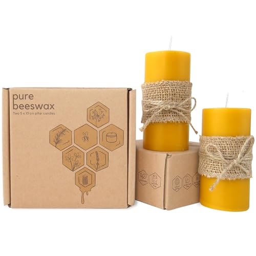 Treehouseco Lot de 2 bougies piliers en cire d'abeille naturelle à combustion longue (5,1 x 10,2 cm), environ 70 h de combustion – Non toxique, écologique et sans fumée, fabriquées avec de la cire