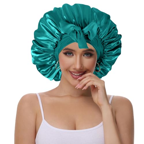 Vettres Hair Bonnet for Sleeping Satin Bonnet Silk Sleep Bonnets Double Layer Satin Bonnet with Tie Green — view 2