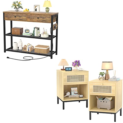 Ecoprsio 32'' Rustic Entryway Table With Outlets And Usb Ports, Console Table With 2 Drawers, & Natural Nightstands Set Of 2, Rattan Nightstand Bedside Table, Mid-Century Modern Nightstand With Drawer #TOP6