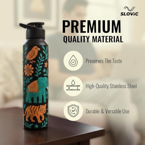 Image of SLOVIC Steel Water Bottle 1 Ltr | Incredible India Design Fridge Water Bottle | 100% BPA Free & leak-Proof | Sipper Water Bottles for Adults | Ideal for Gym, Sports & Camping