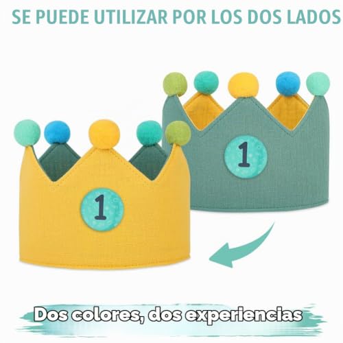 Miniatura 5 de Uraqt Corona Cumpleaños, Corona De Infantil Cumpleaños Reversible Con Números Intercambiables Del 0 Al 9 Niños Y Niñas Con Ajustable Aniversario Años O Meses, Botones De Velcro, Verde Amarillo