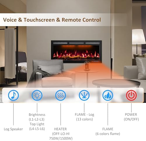 72 Inch WiFi-Enabled Electric Fireplace Inserts & Wall Mounted, Slim Electric Fireplace Heater, 750/1500w, Adjustable Flame Color, Remote Control & Touch Screen, Logs & Crystals, Black - Thumbnail 2