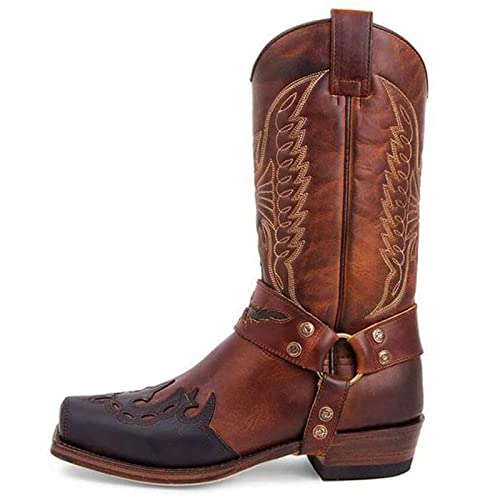 Western Boots for Men Cowboy Boots Lightweight Durable Round Toe Modern Boots Fashion Embroidered Hand Stitching Riding Cowgirl Boots Anti Slip Mid-Calf Wide Calf Pull On Boot Traditional Country Boot