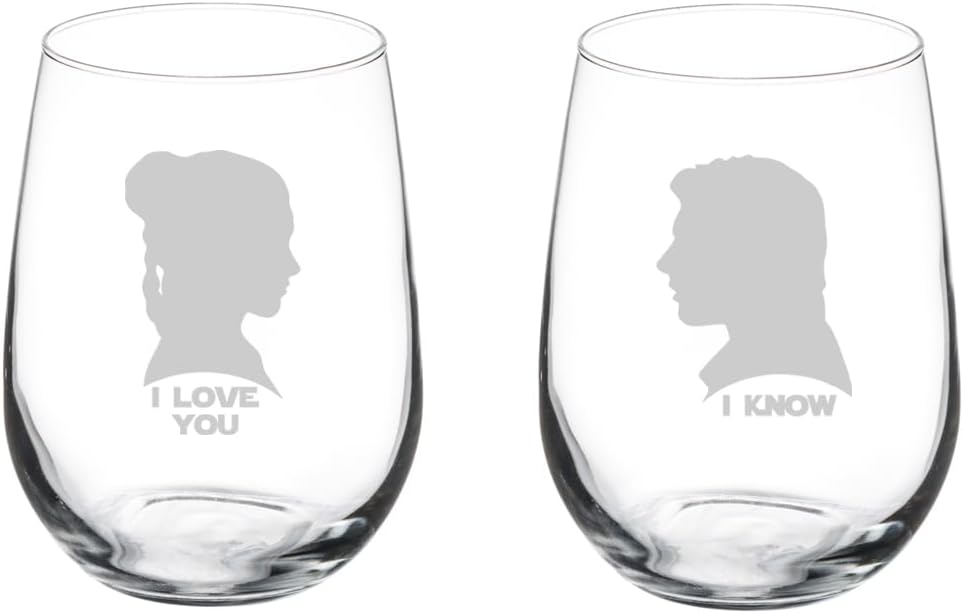 MIP Set of 2 Wine Glass Goblet Gift I Love You I Know For Couple Anniversary Engagement Wedding (17 oz Stemless)
