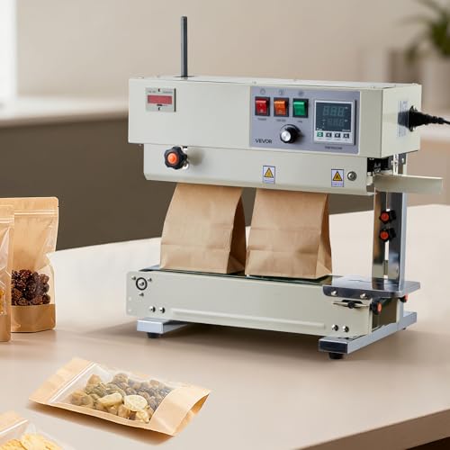 VEVOR Kontinuierliche Versiegelungsmaschine, 6-12 mm Siegelbreite, Vertikal, mit Rollendruck, Siegelmaschine Temperatur & Geschwindigkeit einstellbar, passend für 0,03-0,8 mm Plastikbeutel