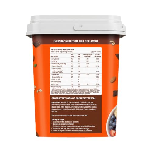 Image of Pintola 26g High Protein Oats 2.25kg, Dark Chocolate, No Refined Sugar, with Almonds, Raisins, Pumpkin & Chia Seeds, 9.6g Fibre, Rolled Oats for Weight Loss, Breakfast Cereals | Gluten Free